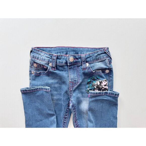 Girls' TRUE RELIGION Floral Patch Medium Dark Rinse Skinny Jeans, Size 6X - Picture 10 of 16